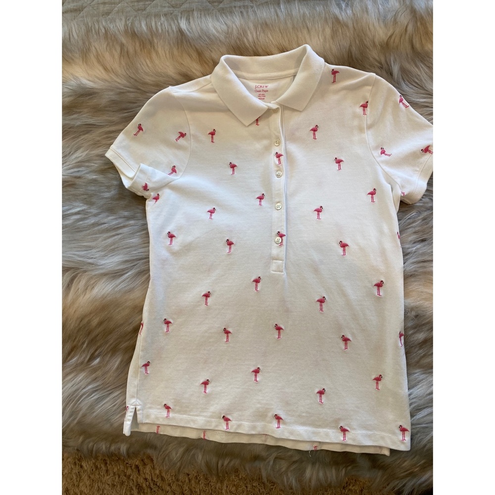 J Crew classic cotton pique “critter” polo, white with pink flamingos, size M